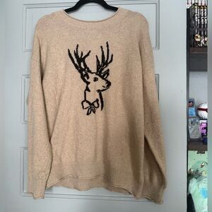 LOFT Cream Sweater with Black Deer With Bow Design Cotton Blend XL